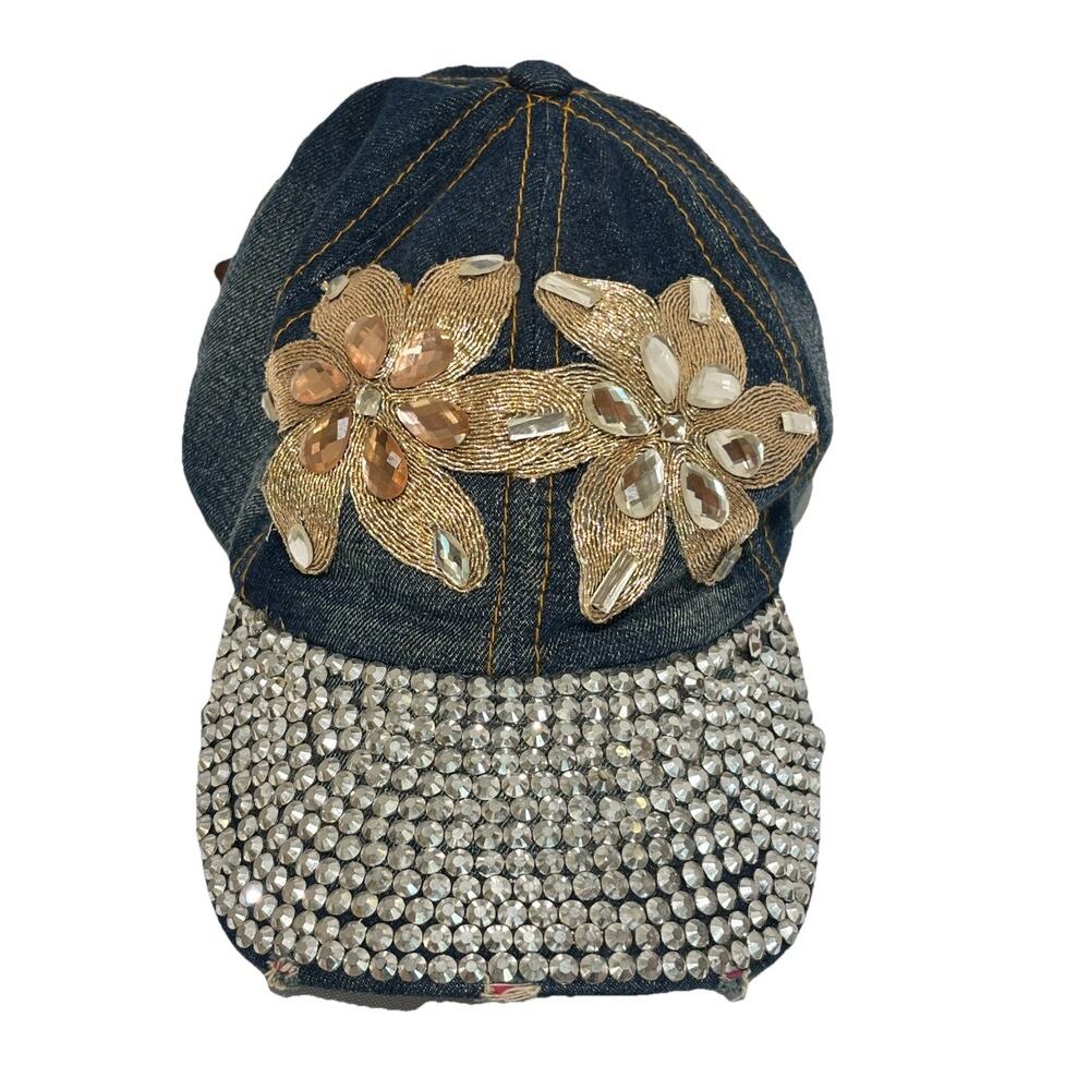 Women’s Baseball Cap Hat OS Adj. Denim Studded Bling Floral‎ Cowgirl Cruise Chic